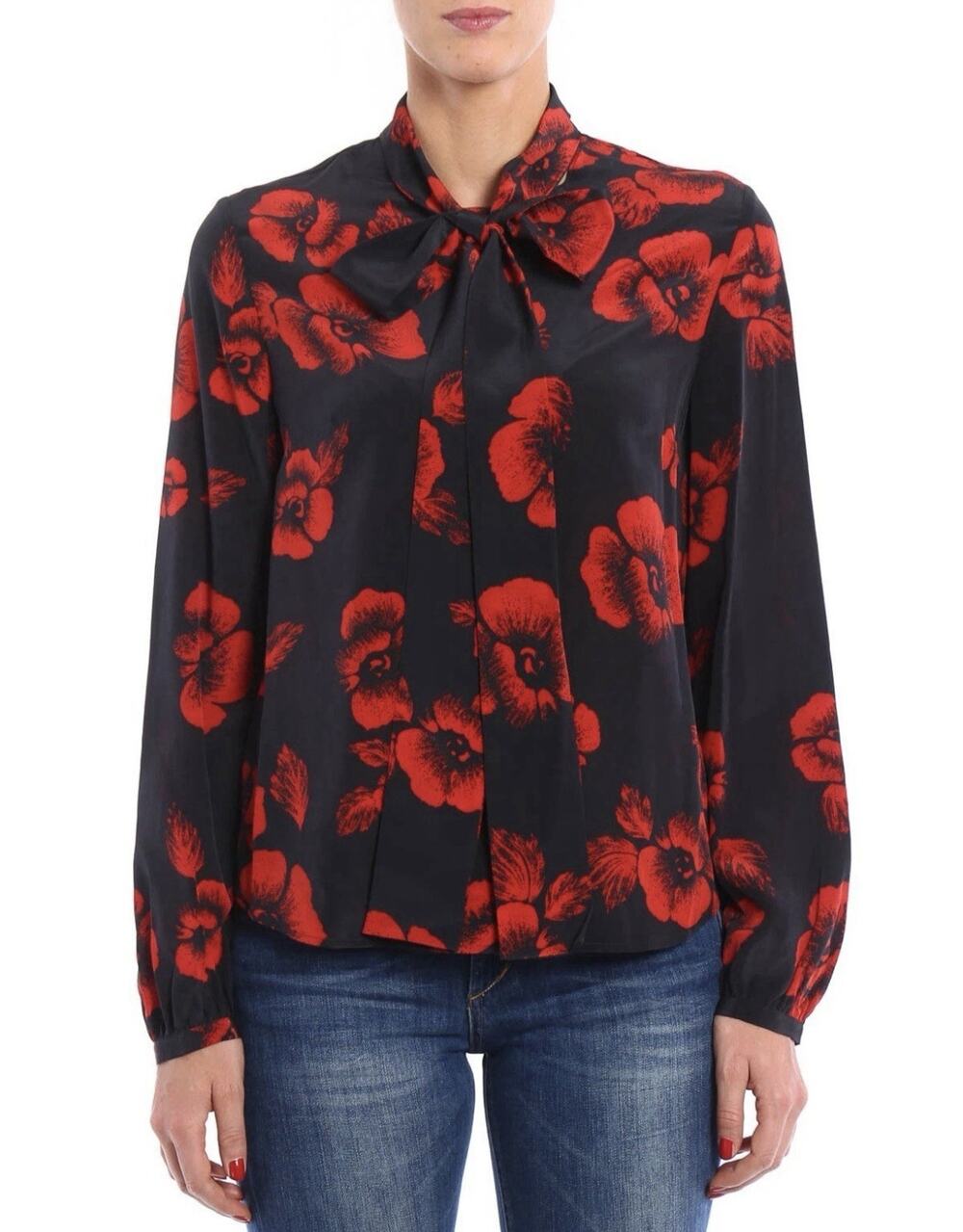 MCQ Alexander McQueen Red Black Floral Long Sleeve Silk Button Up Blouse US 12/L